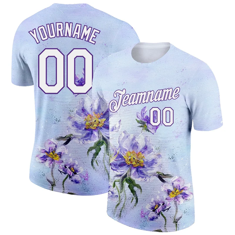 Durable T-Shirt for Heavy Use-Custom Purple White 3D Pattern Design Flowers Performance T-Shirt