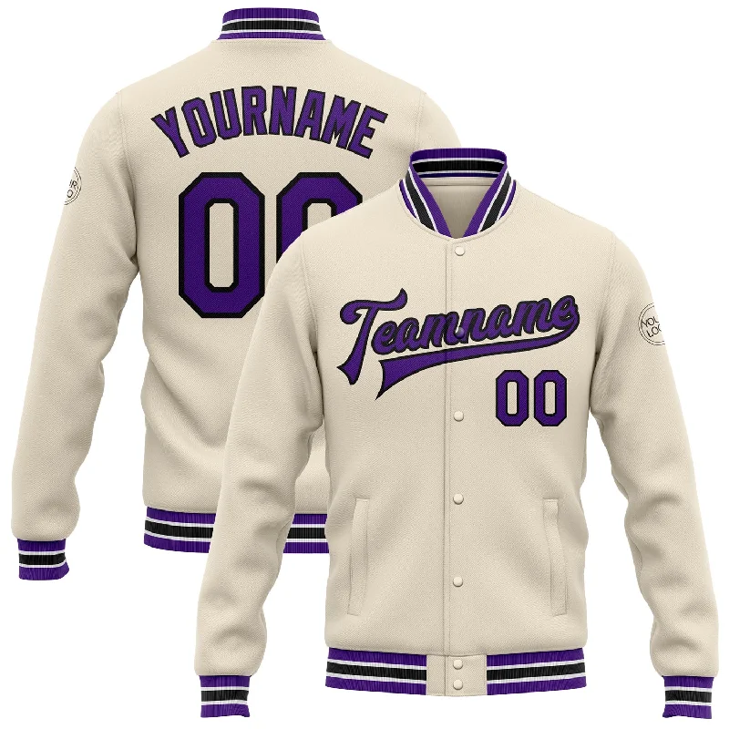 Heavy Duty Work Jacket for Tough Environments-Custom Cream Purple-Black Bomber Full-Snap Varsity Letterman Jacket