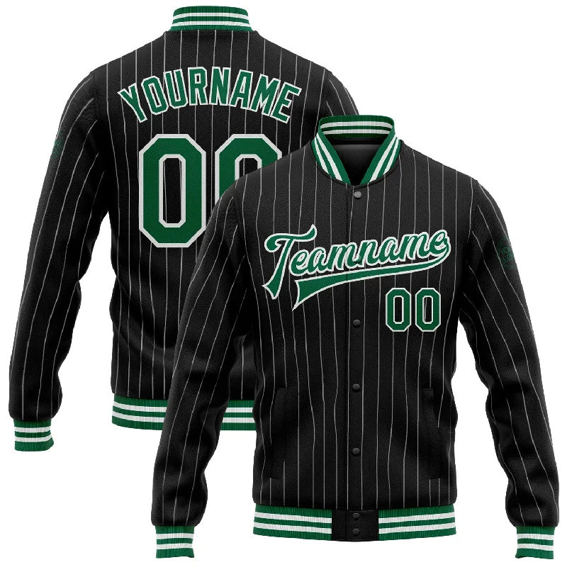 Waterproof Jacket for Outdoor Exploration-Custom Black White Pinstripe Kelly Green Bomber Full-Snap Varsity Letterman Jacket