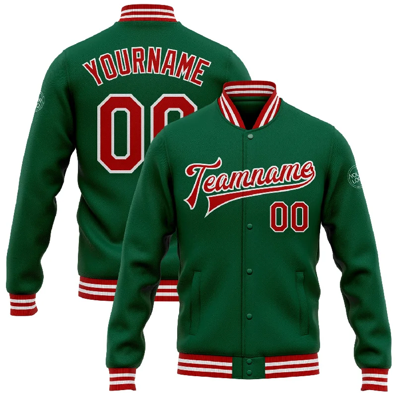 Soft Sherpa Jacket for Cozy Comfort-Custom Kelly Green Red-White Bomber Full-Snap Varsity Letterman Jacket