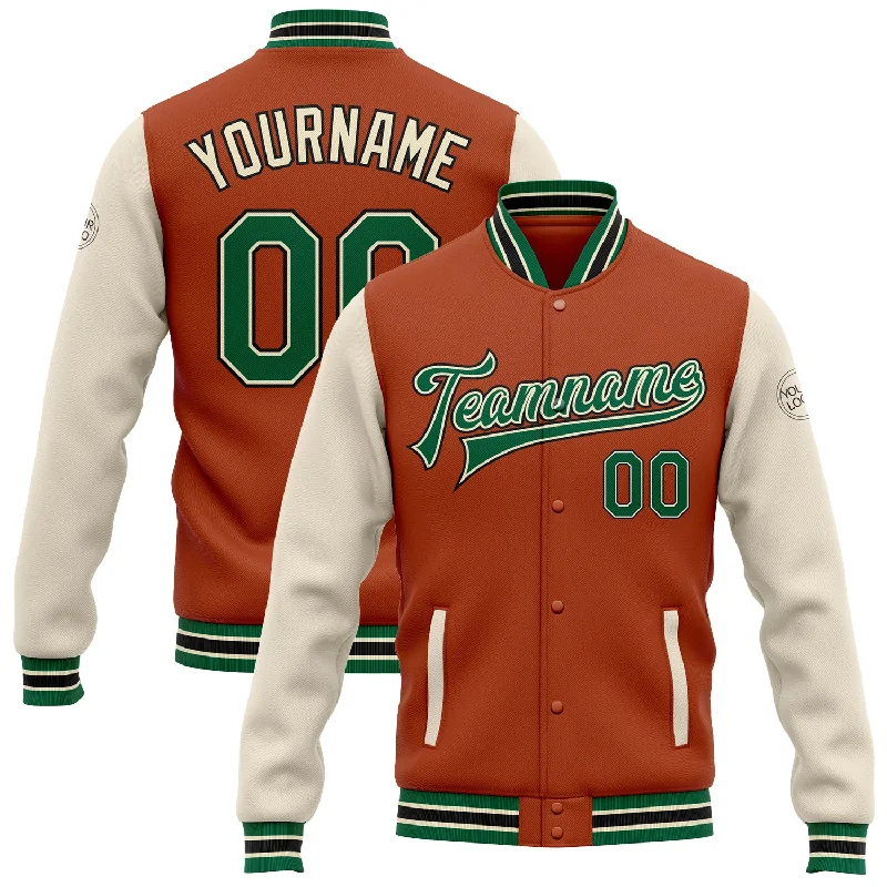 Stylish Moto Jacket for Edgy Looks-Custom Texas Orange Kelly Green Cream-Black Bomber Full-Snap Varsity Letterman Two Tone Jacket