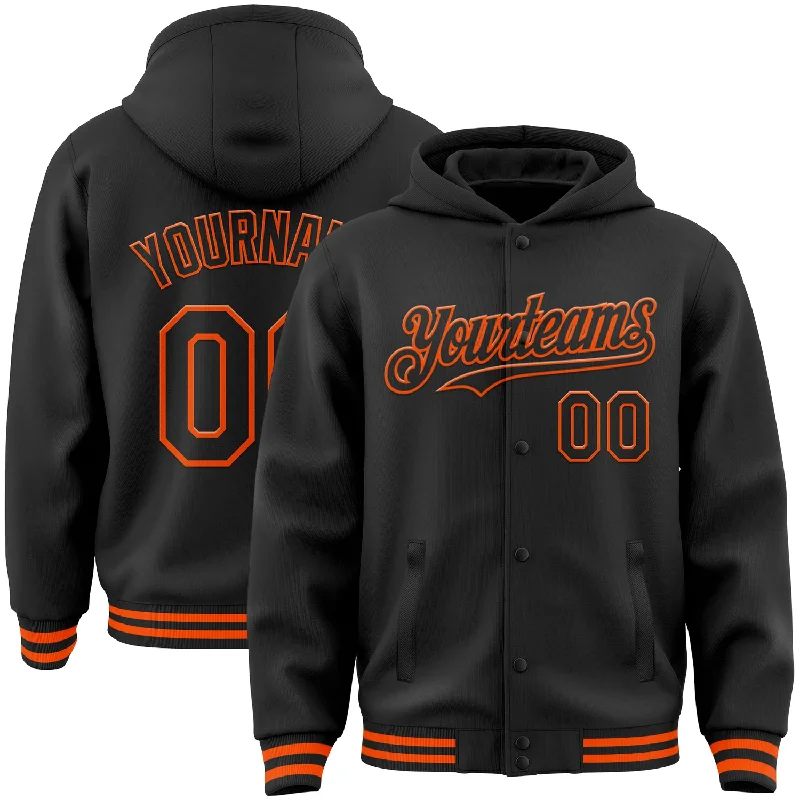 Lightweight Hoodie for Warm Fall Days-Custom Black Orange Bomber Full-Snap Varsity Letterman Hoodie Jacket