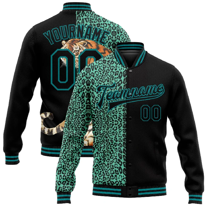 Lightweight Windbreaker Jacket for Outdoor Fun-Custom Black Teal Tiger And Leopard Print 3D Pattern Design Bomber Full-Snap Varsity Letterman Jacket