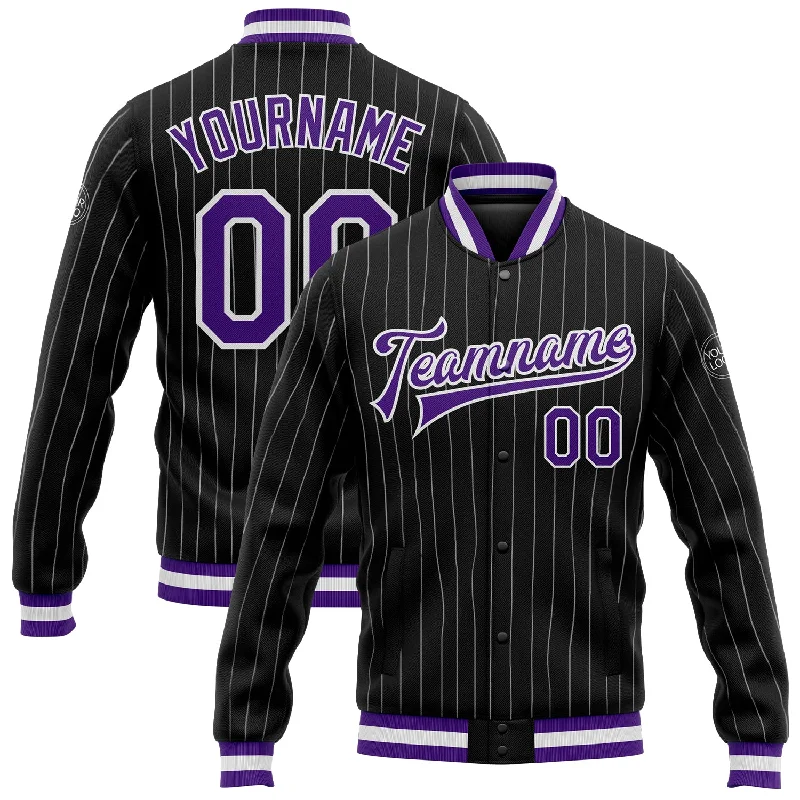 Soft Knit Cardigan Jacket for Relaxed Days-Custom Black White Pinstripe Purple Bomber Full-Snap Varsity Letterman Jacket