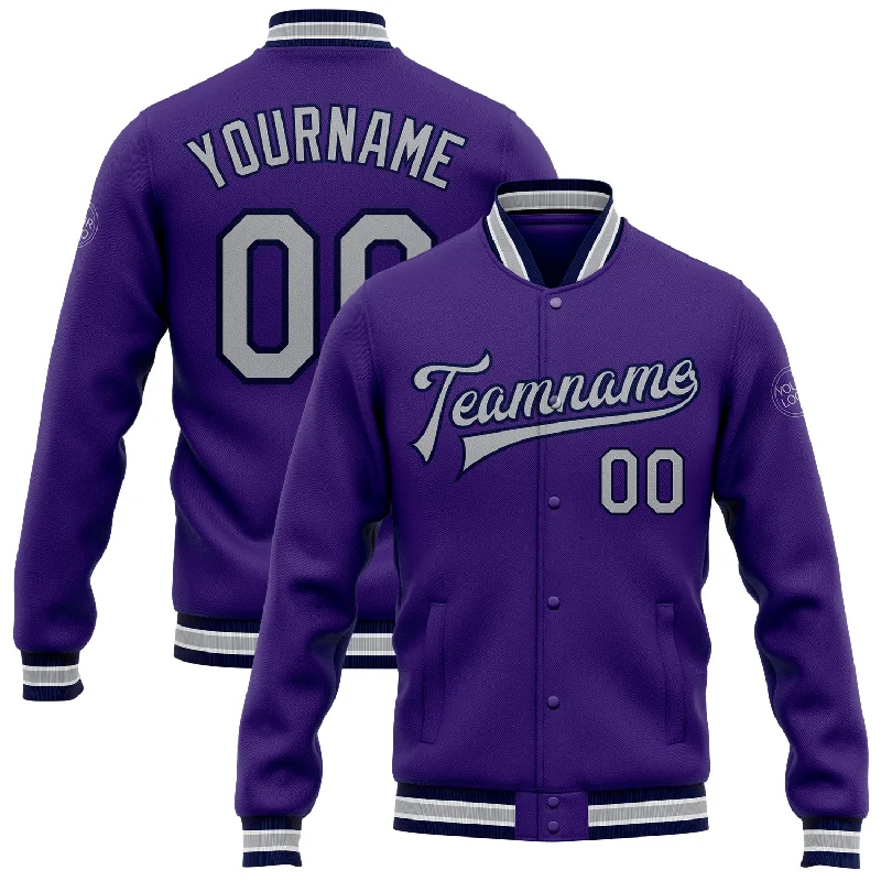 Comfortable Sherpa Lined Jacket for Winter Warmth-Custom Purple Gray-Navy Bomber Full-Snap Varsity Letterman Jacket