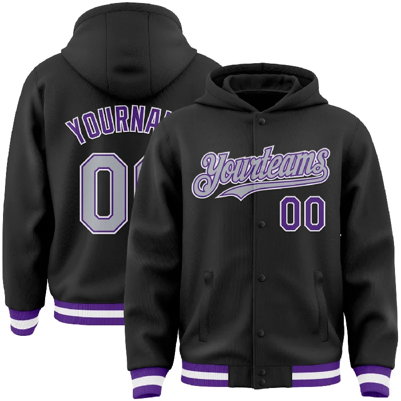 Breathable Hoodie for Hot Weather-Custom Black Gray-Purple Bomber Full-Snap Varsity Letterman Hoodie Jacket