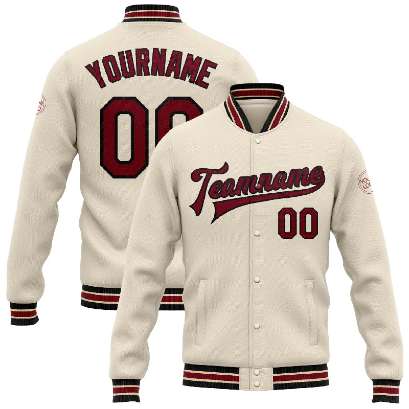 Reversible Jacket for Versatile Outfits-Custom Cream Crimson Black-City Cream Bomber Full-Snap Varsity Letterman Jacket