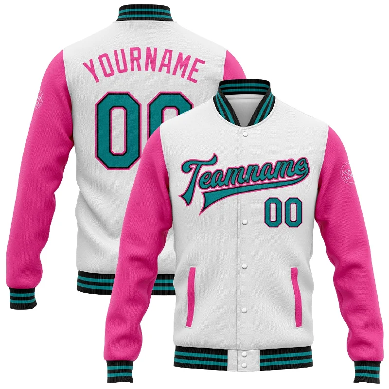 Minimalist Leather Jacket for Simple Chic-Custom White Teal Black-Pink Bomber Full-Snap Varsity Letterman Two Tone Jacket