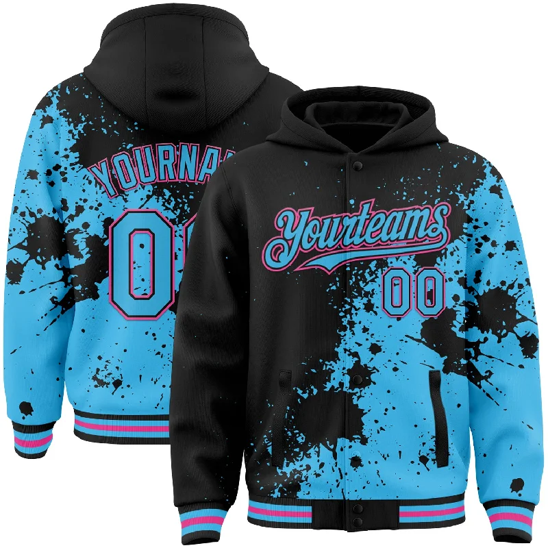 Hoodie with Front Pocket for Practical Use-Custom Black Sky Blue-Pink Abstract Splash Grunge Art 3D Pattern Design Bomber Full-Snap Varsity Letterman Hoodie Jacket