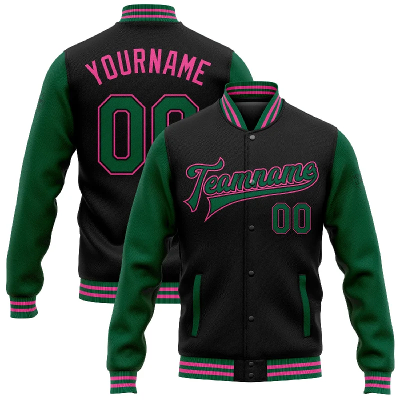 Warm Parka Jacket with Faux Fur Trim for Winter-Custom Black Kelly Green-Pink Bomber Full-Snap Varsity Letterman Two Tone Jacket