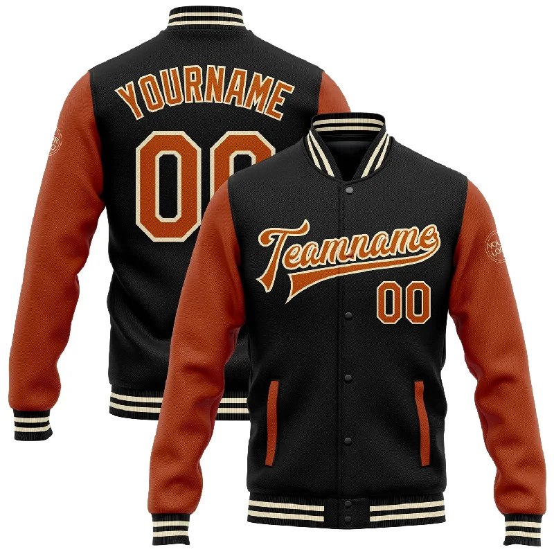 Stylish Rain Jacket for Wet Weather-Custom Black Texas Orange-Cream Bomber Full-Snap Varsity Letterman Two Tone Jacket