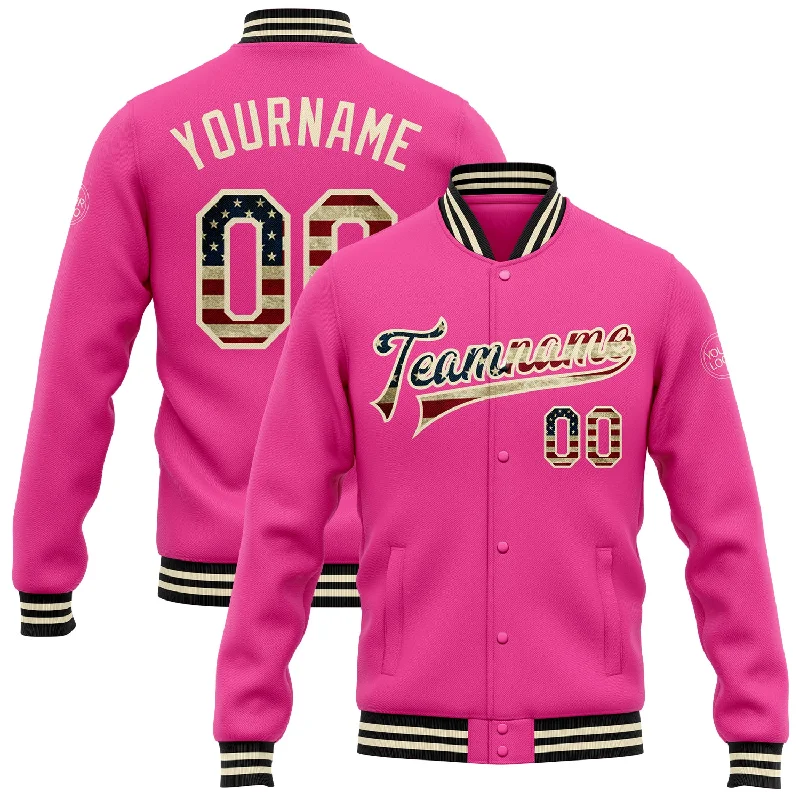 Breathable Mesh Jacket for Warm Weather-Custom Pink Vintage USA Flag Cream-Black Bomber Full-Snap Varsity Letterman Jacket