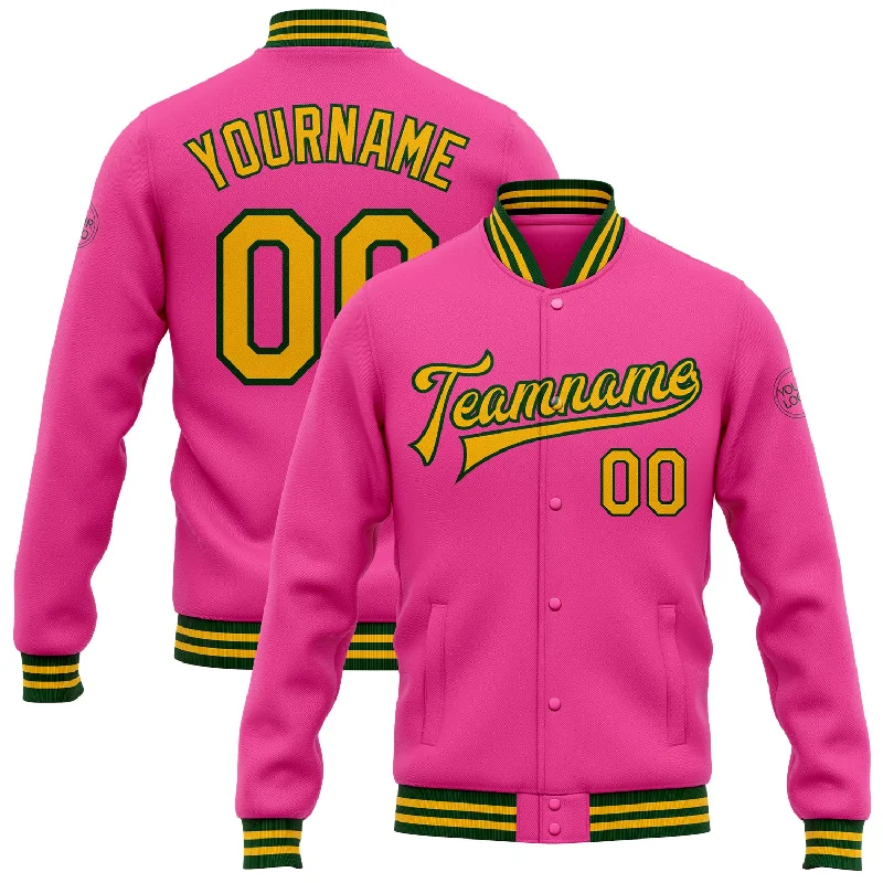 Customizable Sports Jacket for Team Wear-Custom Pink Gold-Green Bomber Full-Snap Varsity Letterman Jacket