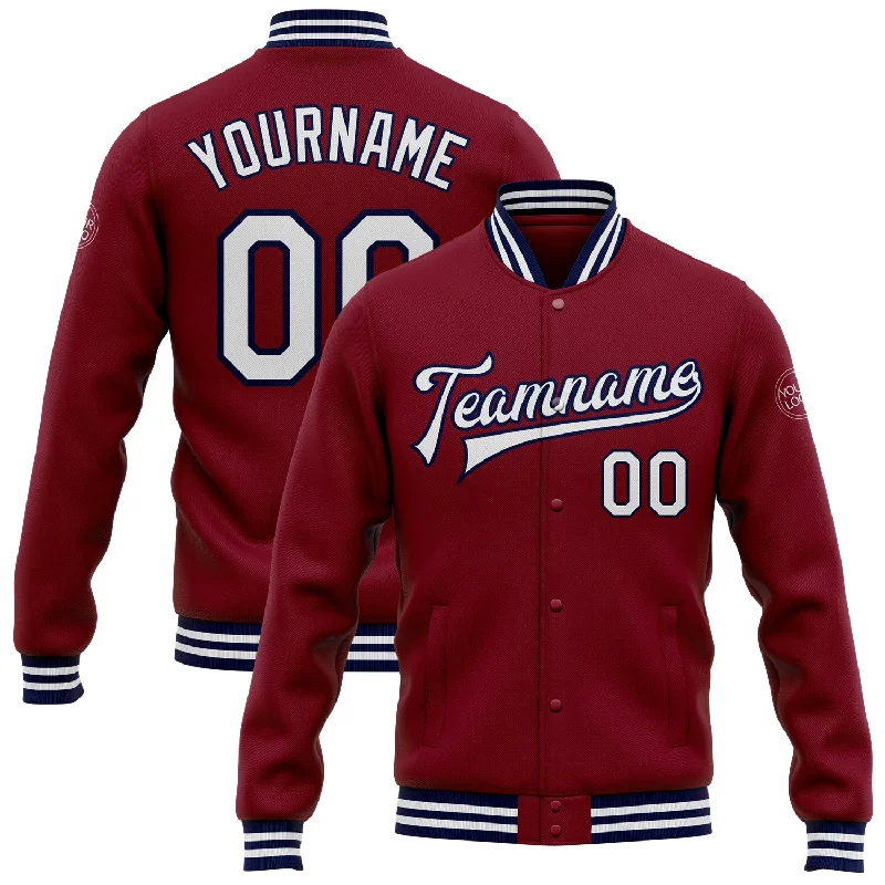 Stylish Checked Wool Jacket for Cozy Looks-Custom Crimson White-Navy Bomber Full-Snap Varsity Letterman Jacket