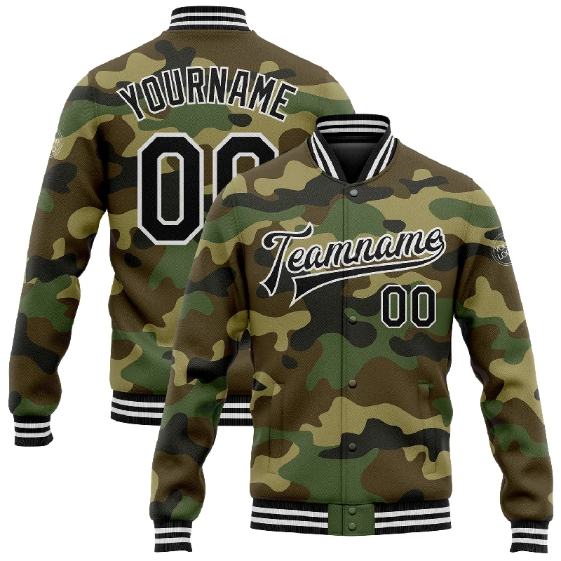 Classic Peacoat Jacket for Elegant Style-Custom Camo Black-White Bomber Full-Snap Varsity Letterman Salute To Service Jacket