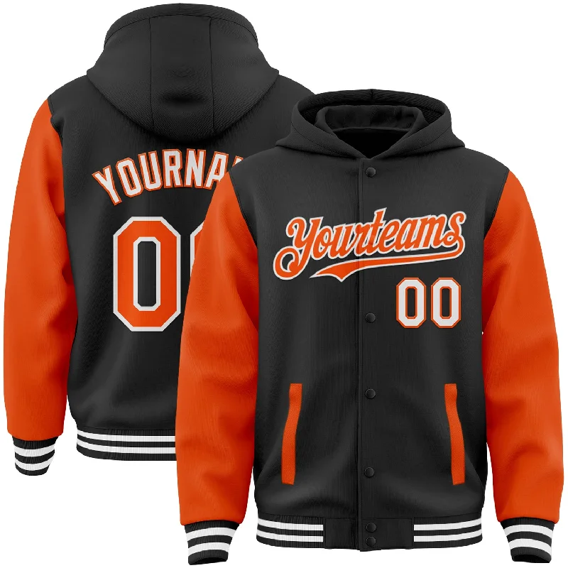 Customizable Hoodie for Personalized Gifts-Custom Black Orange-White Bomber Full-Snap Varsity Letterman Two Tone Hoodie Jacket