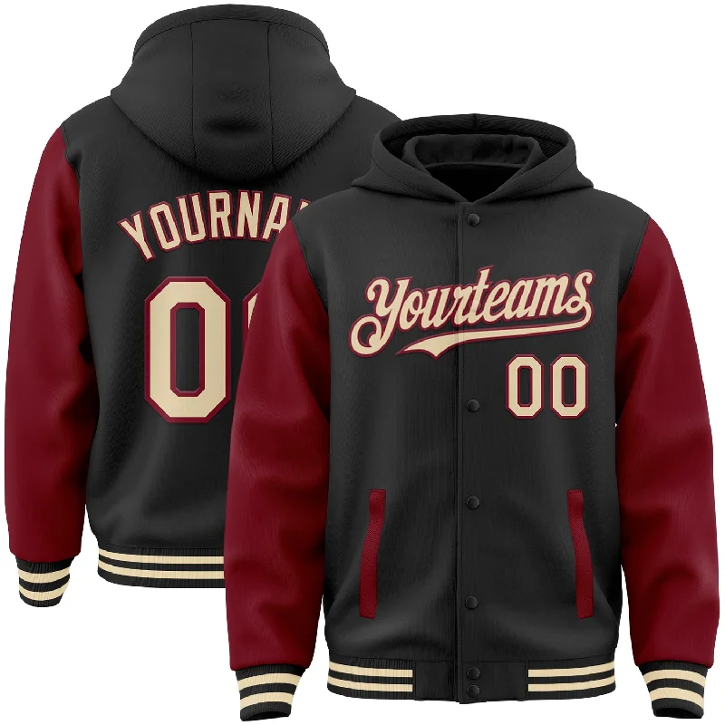 Lightweight Hoodie for Gym and Outdoor Activities-Custom Black Cream-Crimson Bomber Full-Snap Varsity Letterman Two Tone Hoodie Jacket