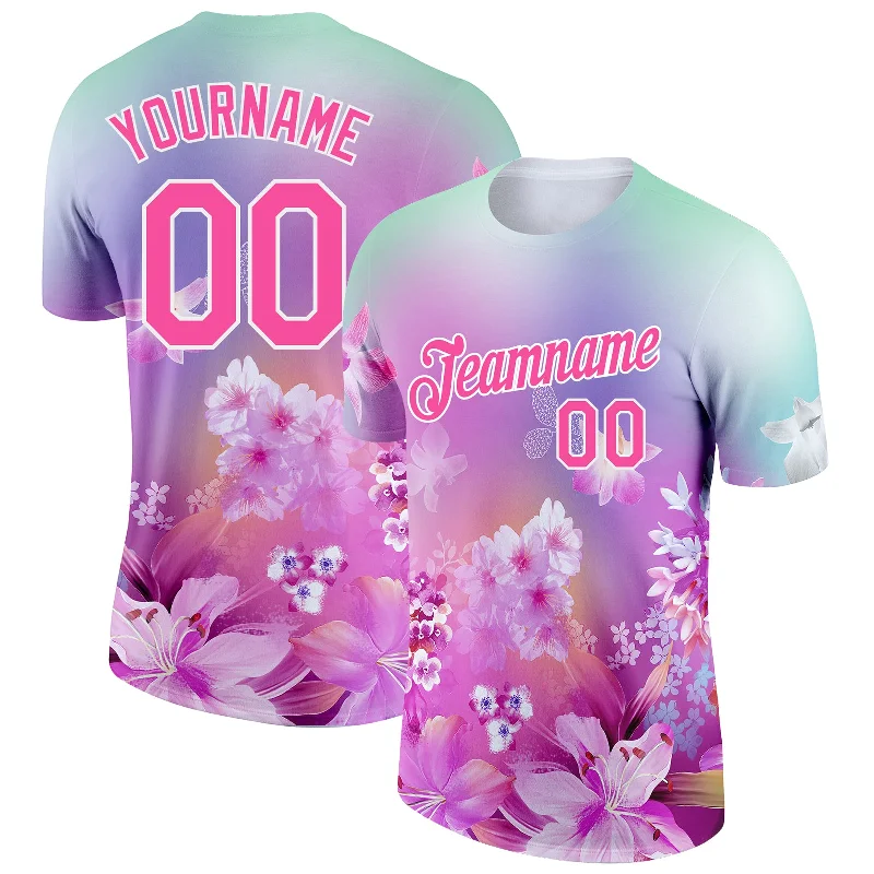 Cool Tie-Dye T-Shirt for Unique Looks-Custom Pink White 3D Pattern Design Flowers Performance T-Shirt