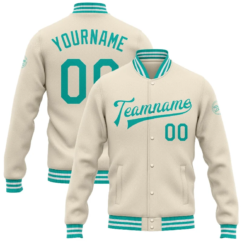 Trendy Plaid Jacket for Cozy Fall Style-Custom Cream Aqua-White Bomber Full-Snap Varsity Letterman Jacket