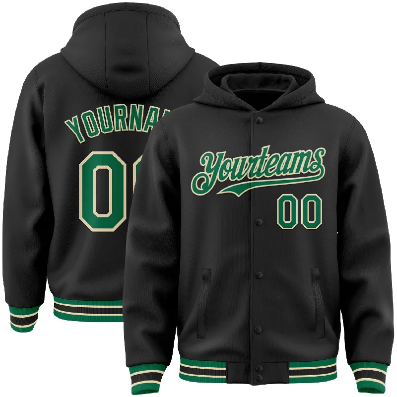 Stylish Zip-Up Hoodie for Trendy Outfits-Custom Black Kelly Green-Cream Bomber Full-Snap Varsity Letterman Hoodie Jacket