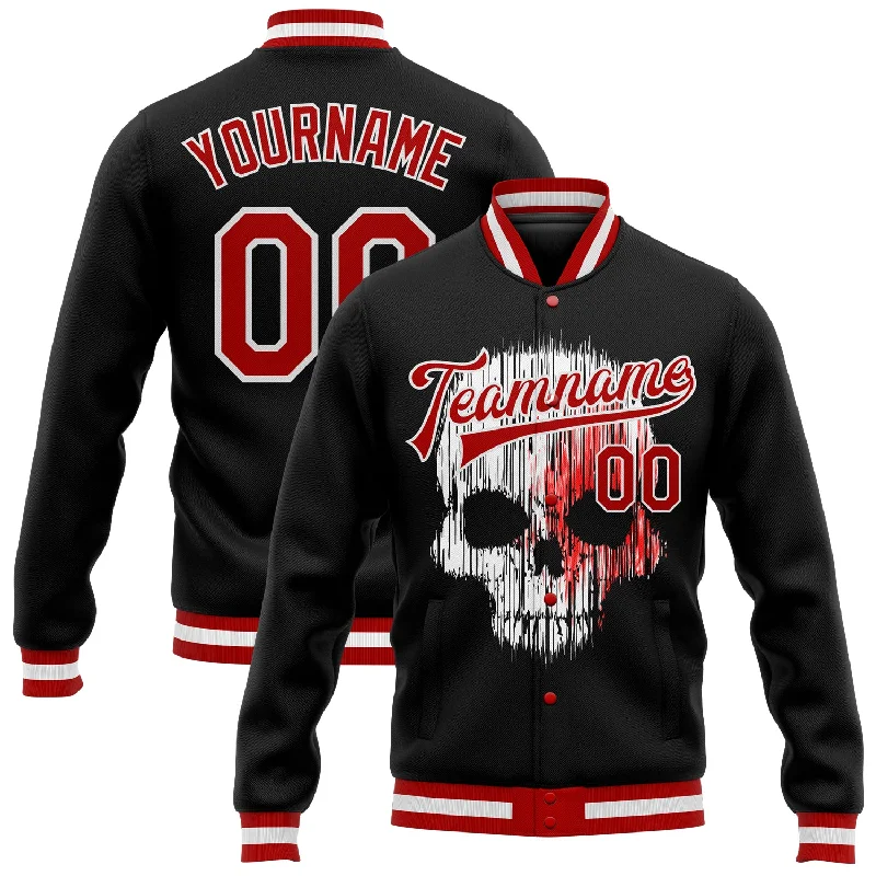 Slim Fit Trench Coat Jacket for Timeless Fashion-Custom Black Red-White Skull Fashion 3D Bomber Full-Snap Varsity Letterman Jacket