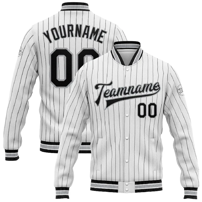 Comfortable Everyday Fleece Jacket for Casual Wear-Custom White Black Pinstripe Gray Bomber Full-Snap Varsity Letterman Jacket