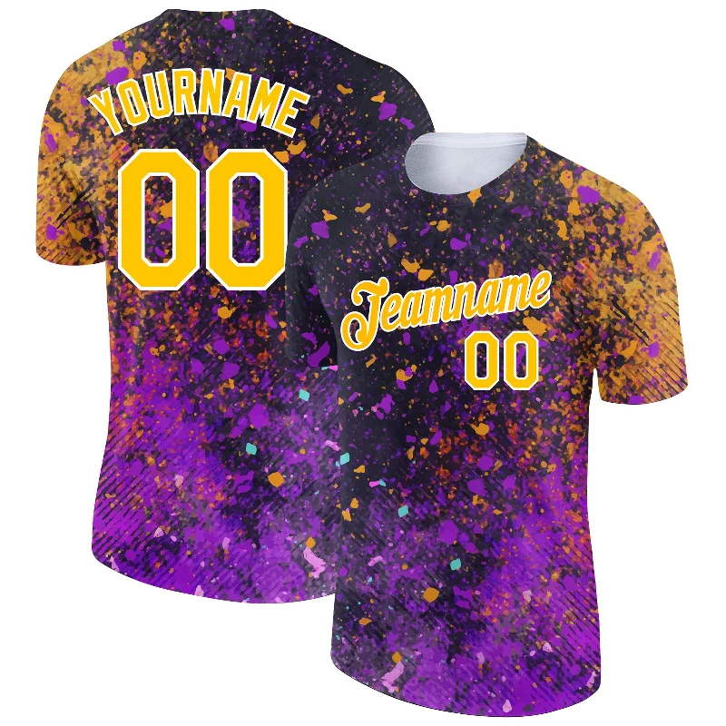 Cool Tie-Dye T-Shirt for Unique Looks-Custom Black Yellow-Purple 3D Pattern Design Holi Festival Color Powder Performance T-Shirt