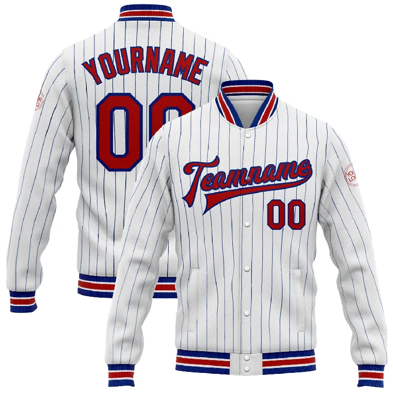 Stylish Zip-Up Outdoor Jacket for All-Day Comfort-Custom White Royal Pinstripe Red Bomber Full-Snap Varsity Letterman Jacket