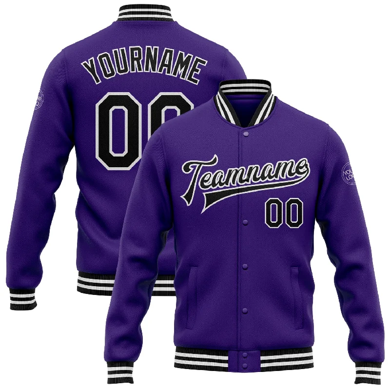 Trendy Fleece Jacket for Winter Outfits-Custom Purple Black-White Bomber Full-Snap Varsity Letterman Jacket