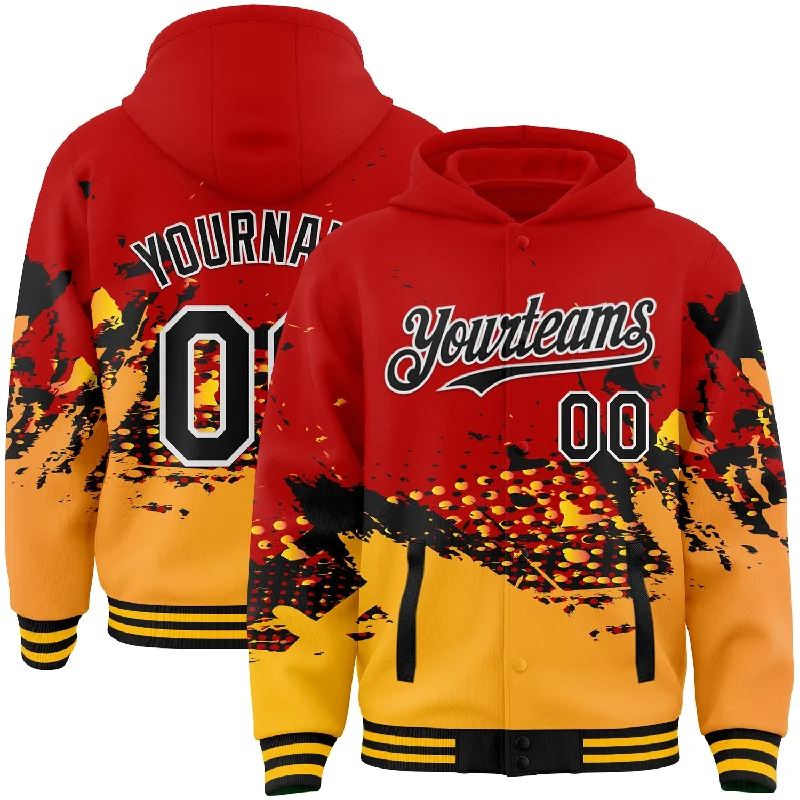 Comfortable Hoodie with Zipper Closure for Easy Wear-Custom Red Black-Gold Abstract Splash Grunge Art 3D Pattern Design Bomber Full-Snap Varsity Letterman Hoodie Jacket