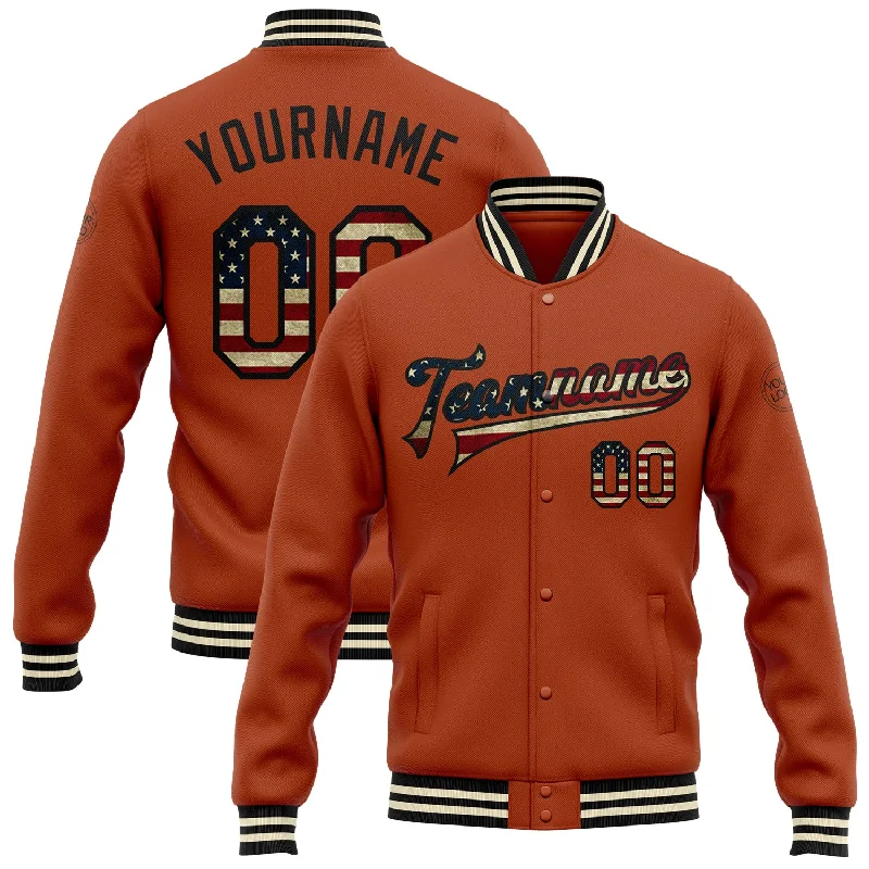 Insulated Down Jacket for Ultimate Warmth-Custom Texas Orange Vintage USA Flag Black-Cream Bomber Full-Snap Varsity Letterman Jacket