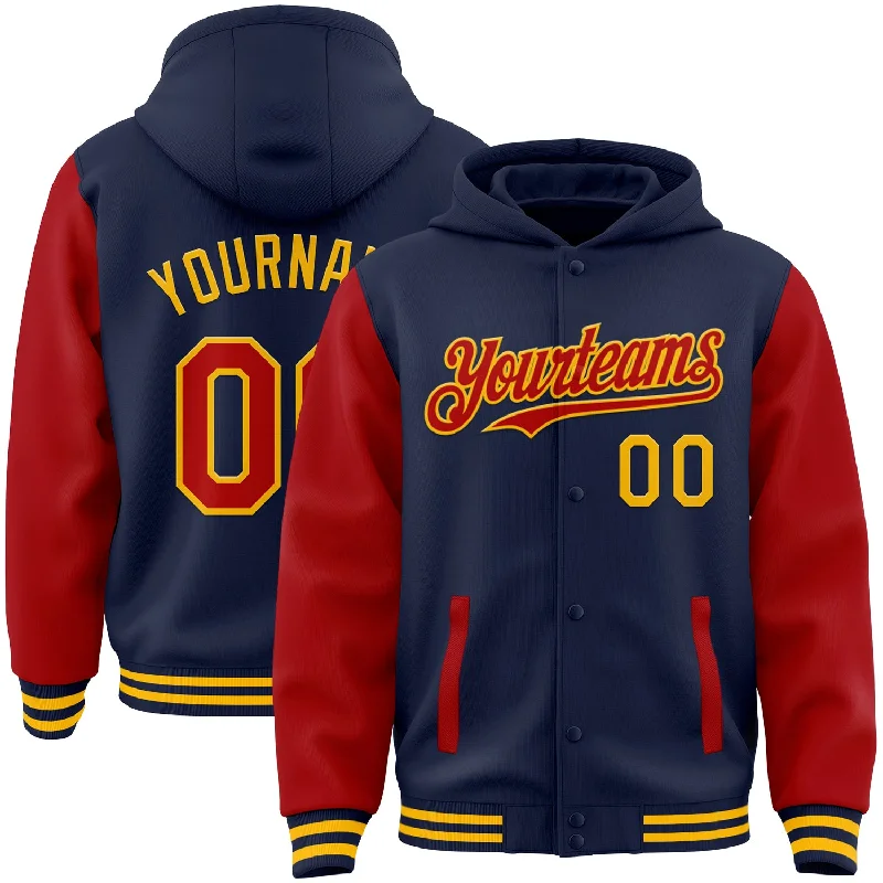 Classic Black Hoodie for Timeless Fashion-Custom Navy Red-Gold Bomber Full-Snap Varsity Letterman Two Tone Hoodie Jacket