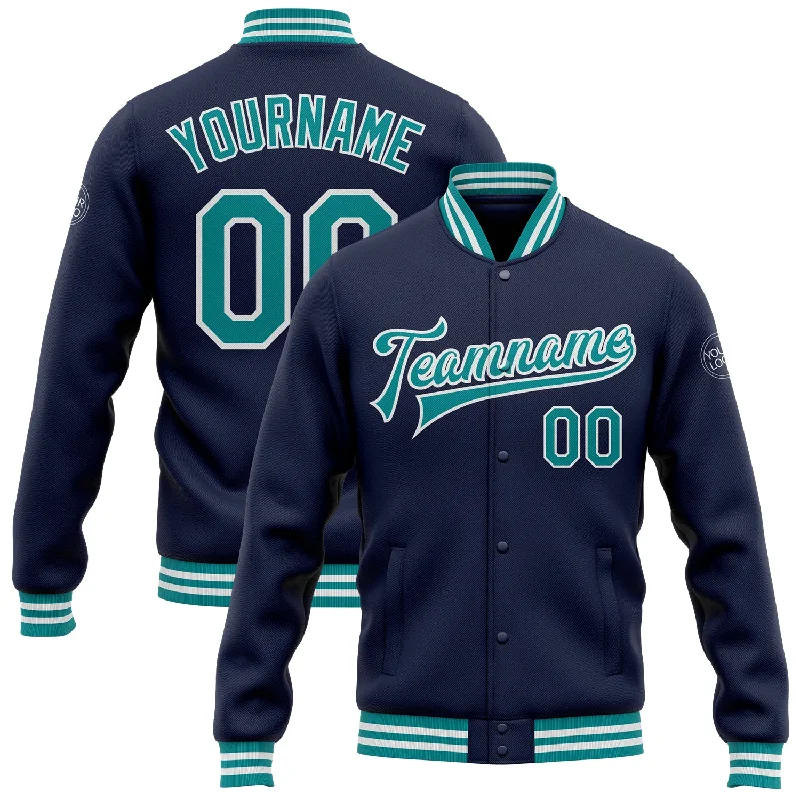 Classic Suede Jacket for Stylish Warmth-Custom Navy Teal-White Bomber Full-Snap Varsity Letterman Jacket