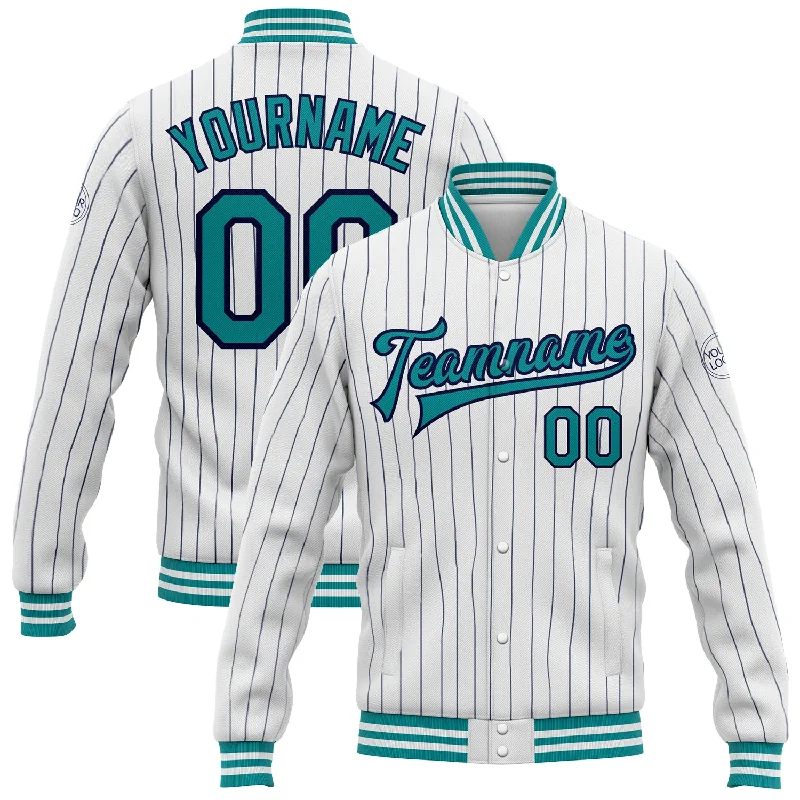 Soft Hoodie Jacket for Casual Comfort-Custom White Navy Pinstripe Teal Bomber Full-Snap Varsity Letterman Jacket