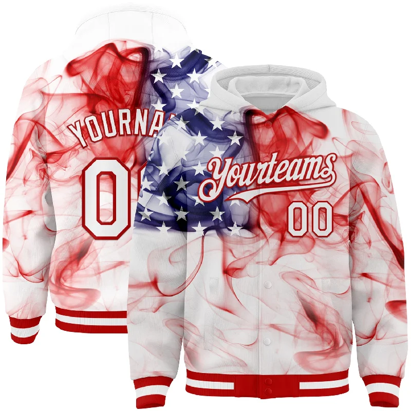 Classic Hoodie for Timeless Style-Custom White Red-Royal American Flag Fashion 3D Bomber Full-Snap Varsity Letterman Hoodie Jacket