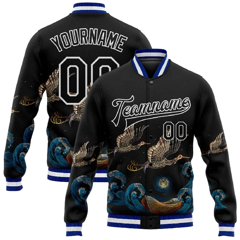 Customizable Sports Jacket for Team Wear-Custom Black Royal-White Heron And Wave 3D Pattern Design Bomber Full-Snap Varsity Letterman Jacket