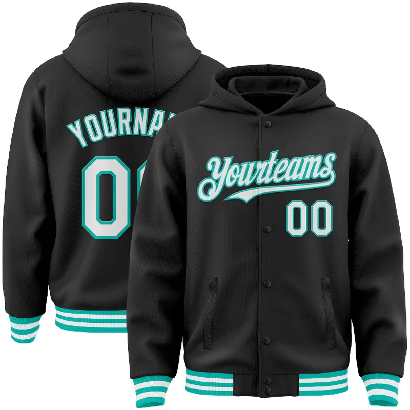 Hoodie with Adjustable Drawstrings for Perfect Fit-Custom Black White-Aqua Bomber Full-Snap Varsity Letterman Hoodie Jacket