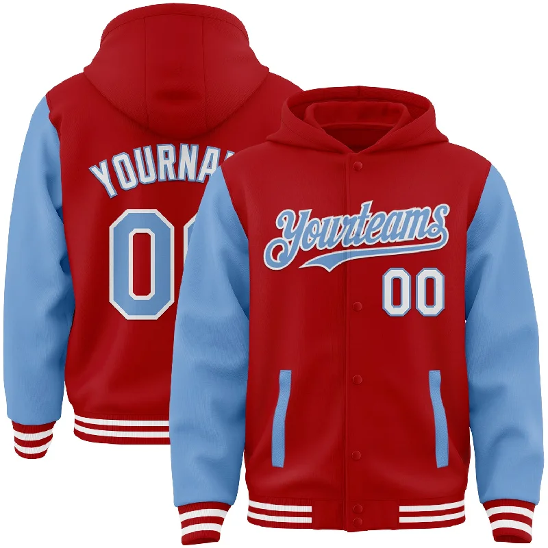 Soft and Comfy Hoodie for Chill Days-Custom Red Light Blue-White Bomber Full-Snap Varsity Letterman Two Tone Hoodie Jacket