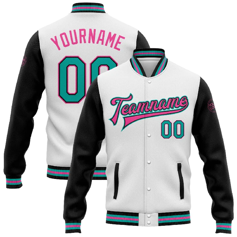 Classic Military Jacket for Everyday Looks-Custom White Aqua-Pink Bomber Full-Snap Varsity Letterman Two Tone Jacket