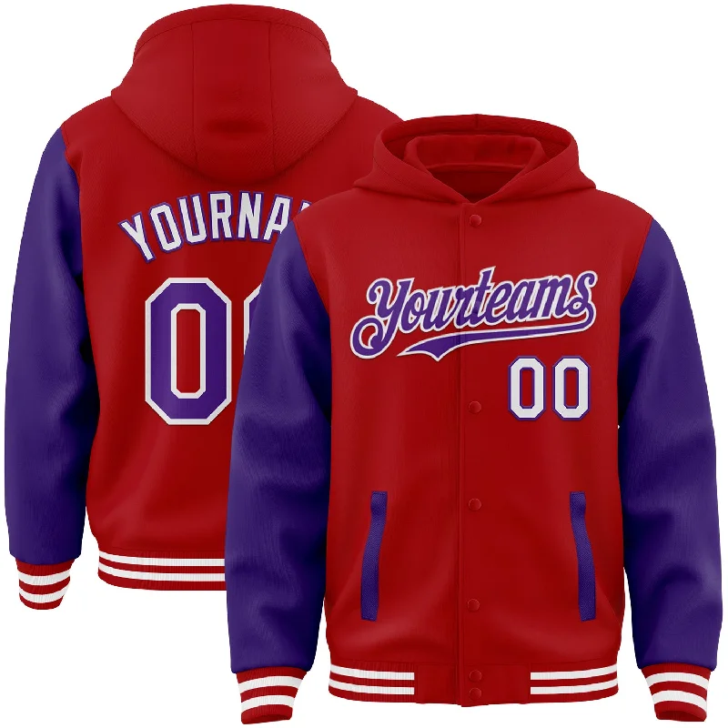 Warm Fleece Hoodie for Chilly Days-Custom Red Purple-White Bomber Full-Snap Varsity Letterman Two Tone Hoodie Jacket