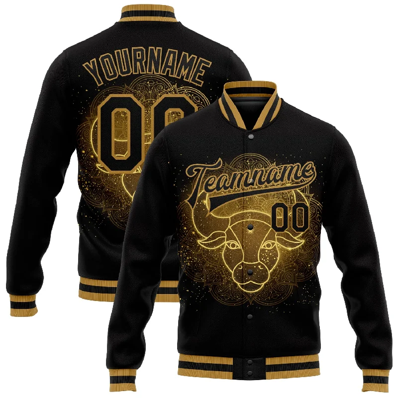 Minimalist Leather Jacket for Simple Chic-Custom Black Old Gold Taurus 3D Pattern Design Bomber Full-Snap Varsity Letterman Jacket