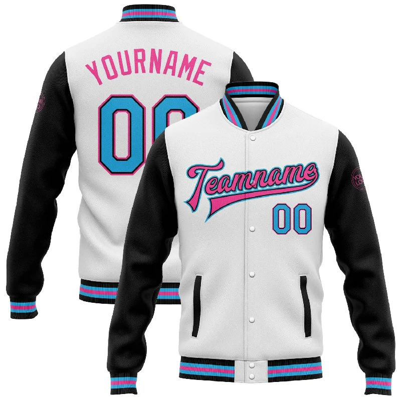 Soft Wool Jacket for Fall Fashion-Custom White Sky Blue-Pink Bomber Full-Snap Varsity Letterman Two Tone Jacket