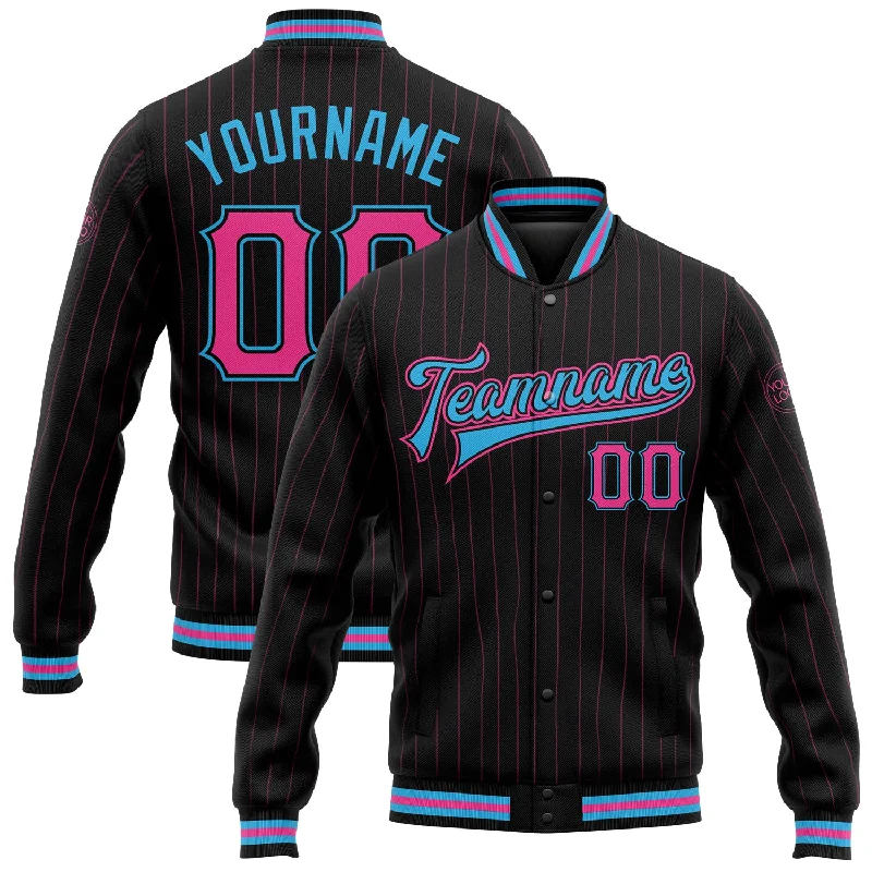 Classic Peacoat Jacket for Elegant Style-Custom Black Pink Pinstripe Sky Blue Bomber Full-Snap Varsity Letterman Jacket