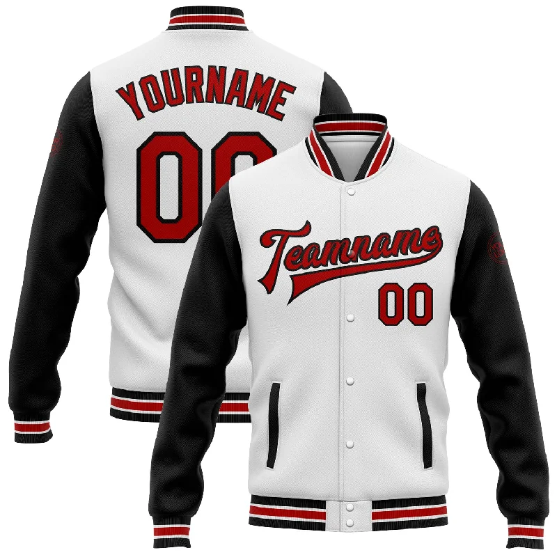 Heavy Duty Work Jacket for Tough Environments-Custom White Red-Black Bomber Full-Snap Varsity Letterman Two Tone Jacket