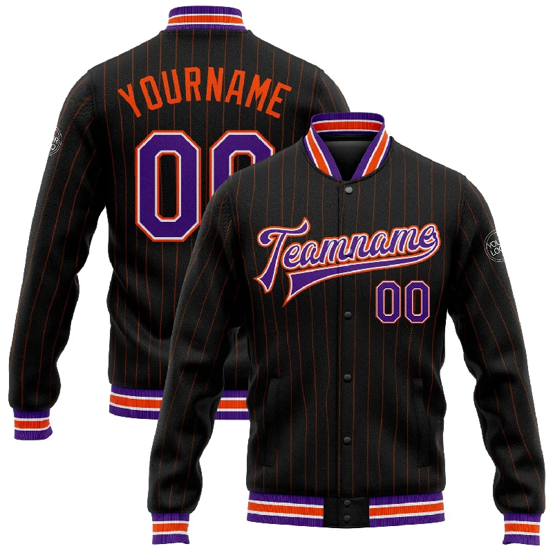 Stylish Zip-Up Outdoor Jacket for All-Day Comfort-Custom Black Orange Pinstripe Purple-White Bomber Full-Snap Varsity Letterman Jacket