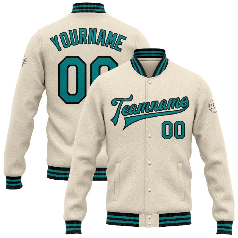 Slim Fit Puffer Jacket for Stylish Winter Wear-Custom Cream Teal-Black Bomber Full-Snap Varsity Letterman Jacket