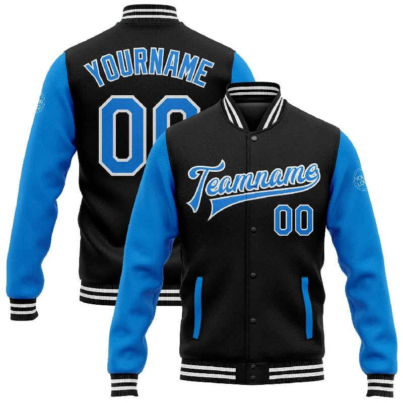 Performance Winter Jacket for Active Outdoors-Custom Black Powder Blue-White Bomber Full-Snap Varsity Letterman Two Tone Jacket