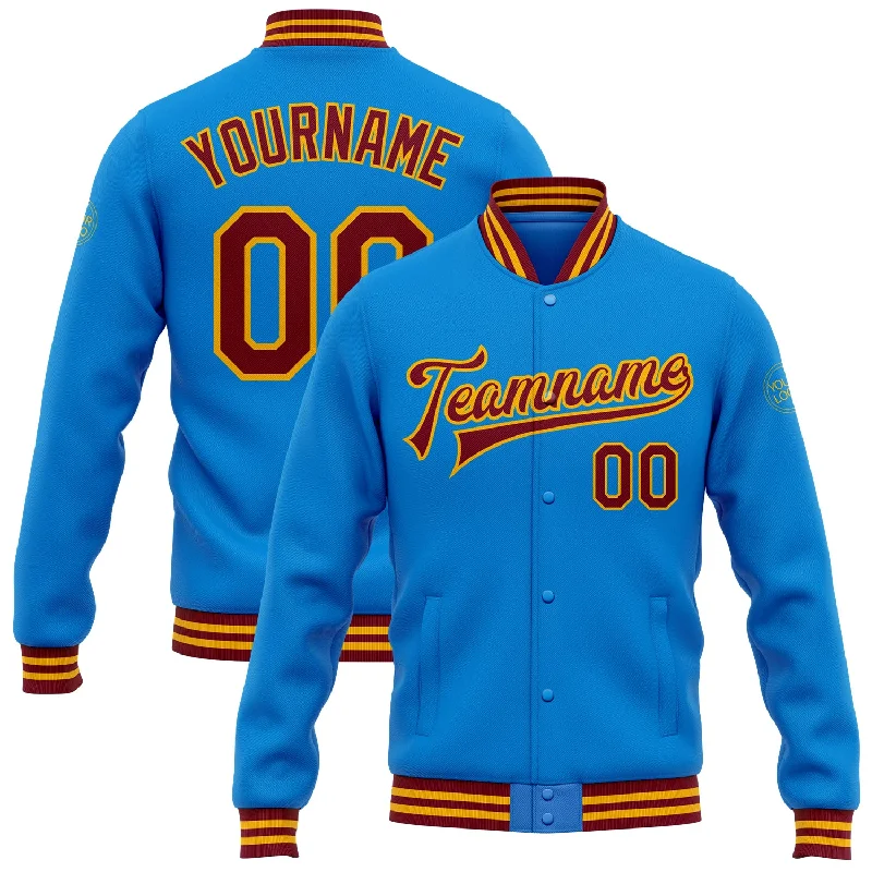 Trendy Camouflage Jacket for Casual Vibes-Custom Powder Blue Crimson-Gold Bomber Full-Snap Varsity Letterman Jacket