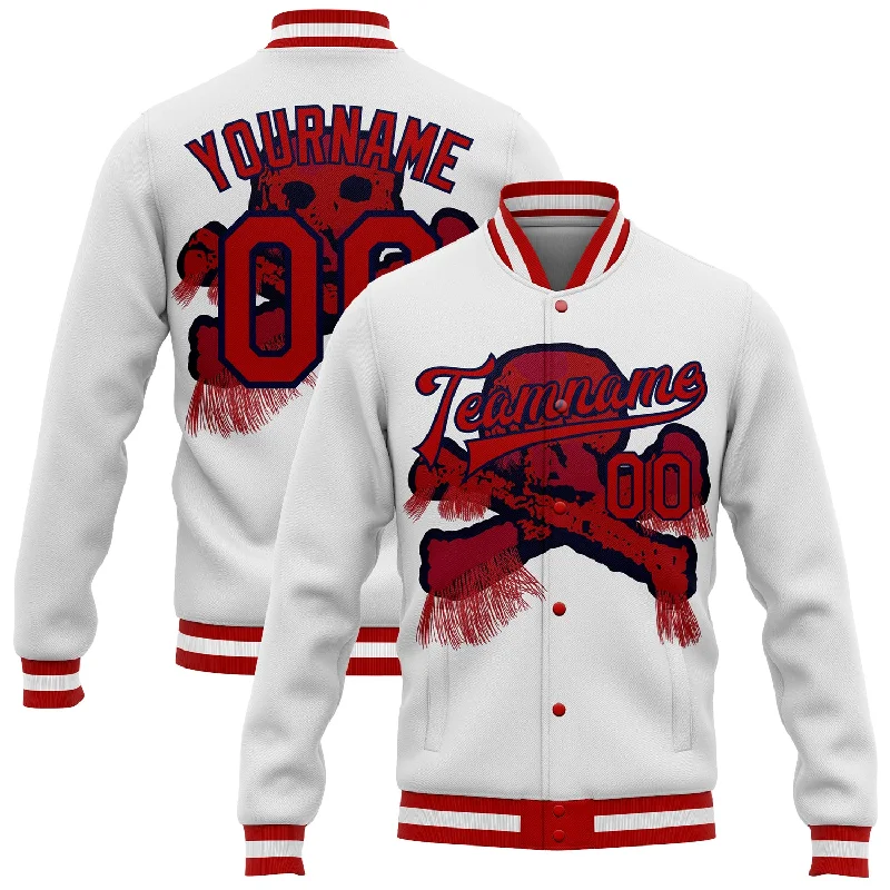 Comfortable Everyday Fleece Jacket for Casual Wear-Custom White Red-Navy Skull Fashion 3D Bomber Full-Snap Varsity Letterman Jacket