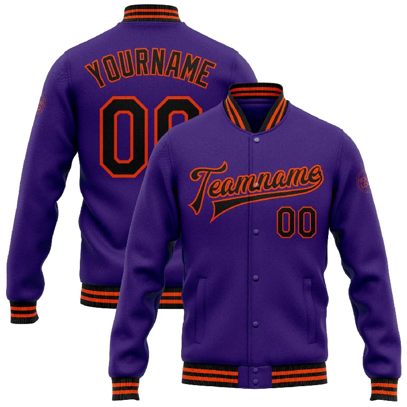 Insulated Down Jacket for Ultimate Warmth-Custom Purple Black-Orange Bomber Full-Snap Varsity Letterman Jacket